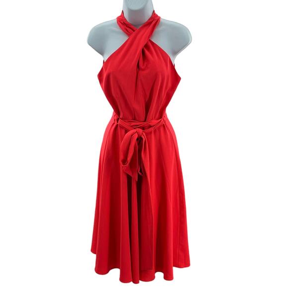 Tahari Red Crepe Knit Twist Halter Neck Cocktail Party Dress Women Sz 2 - Picture 3 of 12